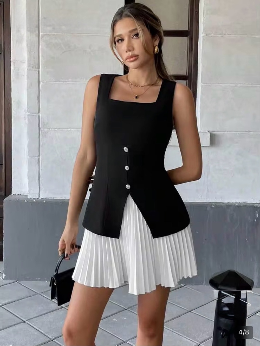 Sleeveless Square-Neck Black Dress with White Pleated Skirt